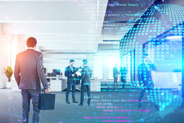 Men in modern office, planet and code