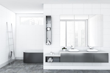 Fototapeta na wymiar Luxury white tile bathroom interior, double sink