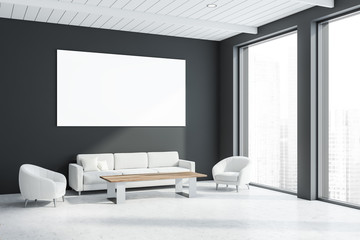 Gray office waiting room corner with poster