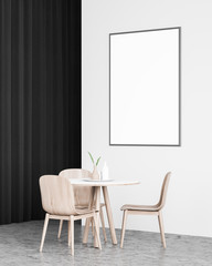 White dining room with mock up poster and curtain