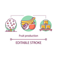 Fruit production concept icon. Organic vegetarian foods. Growing harvesting and transportation gardening products idea thin line illustration. Vector isolated outline drawing. Editable stroke
