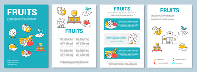 Fototapeta na wymiar Fruit production template layout. Farming organic produce. Flyer, booklet, leaflet print design with linear illustrations. Vector page layouts for magazines, annual reports, advertising posters