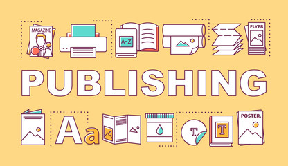 Publishing word concepts banner. Edition of magazines, books. Production of printed materials. Presentation, website. Isolated lettering typography idea with linear icons. Vector outline illustration