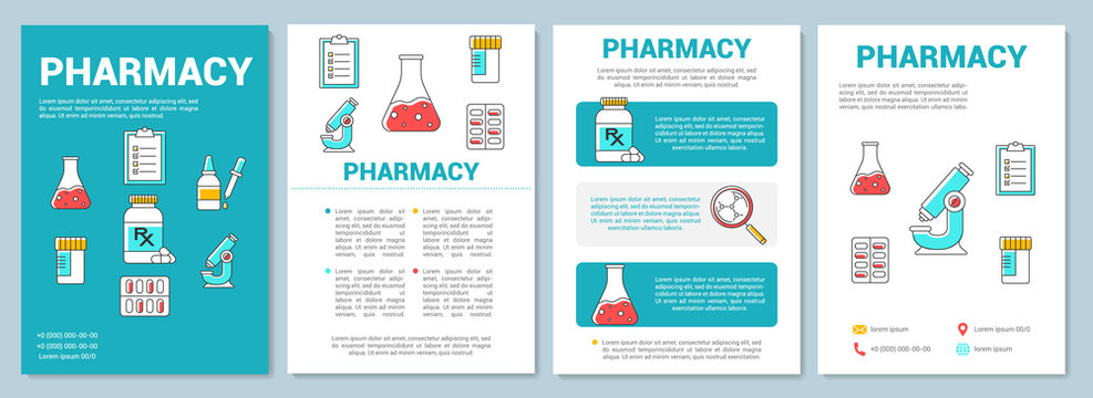 Medicine production industry template layout. Pharmacy research. Flyer, booklet, leaflet print design with linear illustrations. Vector page layouts for magazines, annual reports, advertising posters