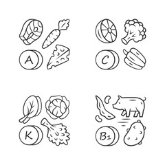 Vitamins linear icons set. A, C, B1, K vitamins natural food source. Vegetables, dairy products. Mineral, antioxidant. Thin line contour symbols. Isolated vector outline illustrations. Editable stroke