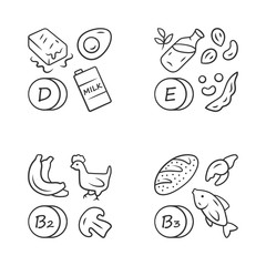 Vitamins linear icons set. D, E, B2, B3 vitamins natural food source. Dairy products, nuts. Minerals, antioxidants. Thin line contour symbols. Isolated vector outline illustrations. Editable stroke