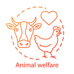 Fototapeta premium Animal welfare, shelter concept icon. Voluntary wildlife protection idea thin line illustration. Veterinary clinic, farming business. Heart symbol, chicken and cow vector isolated outline drawing