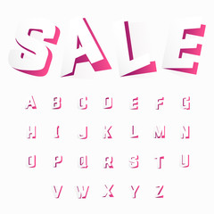 Alphabet letters cut out from paper. Paper cutted art font with shadows. Pink signs on white paper. English letters pack. Vector illustration