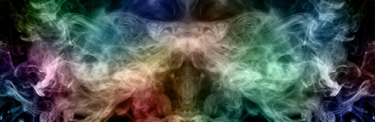 Abstract colorful smoke on black background from the incense sticks, panoramic image