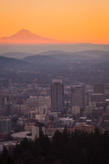 Sunrise views over the city of Portland Oregon and Mt Hood