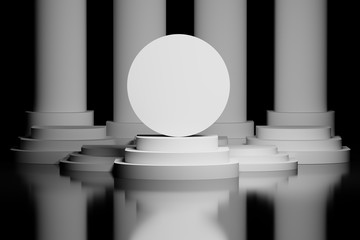Abstract presentation mockup with circle on a pedestal poduim with pillars in black and white colors. 3d illustration.