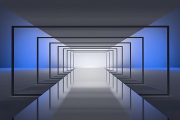 Futuristic tunnel space with mirror floor and glowing blue lights. 3d illustration.