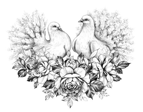 Doves Couple with Roses Bunch