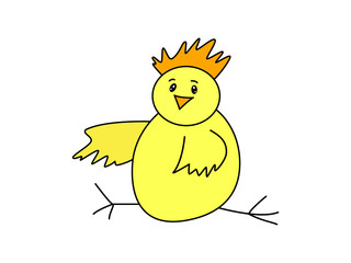 Silly little cartoon chicken with a crest and spread wings sitting. Poultry flat vector icon.