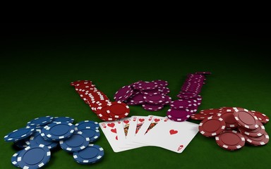 Poker chips stack with two cards. Two dices. On the green table. 3D rendering