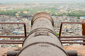 Distant view of the blue town of Jodhpur from a fort canyon. Beautiful place of Rajasthan, India