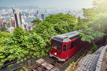 Naklejka na ściany i meble Retro tram approaches to Victoria Peak. Hong Kong.