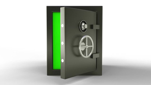3d animation of opening and close a metal safe bank box with camera going toward with green screen