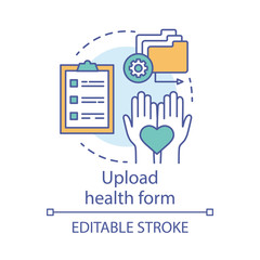 Upload health form concept icon. Camp, interest club application idea thin line illustration. Mandatory health check, verification before camping trip. Vector isolated outline drawing. Editable stroke