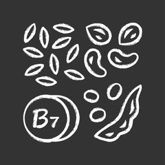 Vitamin B7 chalk icon. Almonds and peanuts. Nuts and peas. Healthy eating. Biotin natural source. Proper nutrition. Vitamin H. Minerals, antioxidants. Isolated vector chalkboard illustration