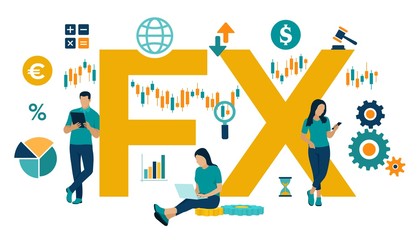 FX. Foreign Exchange Market. Global financial market. Stock Exchange. Forex Banking. Financial management and financial data analysis. Business team. Vector illustration with icons and characters.