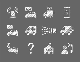 Emergency service, monochrome icons, hatching, white, vector.  Simulated pencil hatching. Emergency medical and fire assistance, reference services. White pictures on a gray background.
