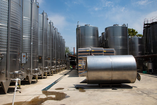 Winery factory metal wine storage barrels
