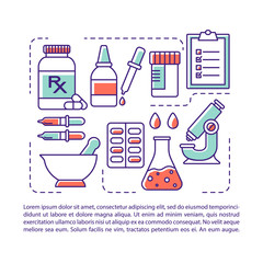 Pharmaceutical industry article page vector template. Drug retail. Brochure, magazine, booklet design element with linear icons and text boxes. Print design. Concept illustrations with text space