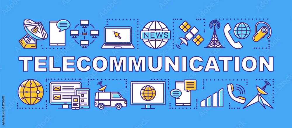Poster telecommunication word concepts banner. global communication service. telecom system. presentation, 