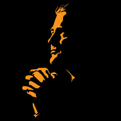 Man is praying. Silhouette in contrast backlight. 