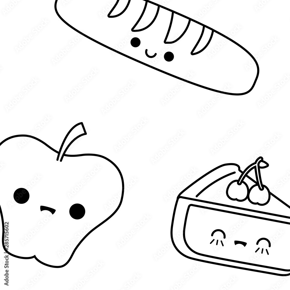 Wall mural pattern apple with bread french and cake kawaii - Wall murals