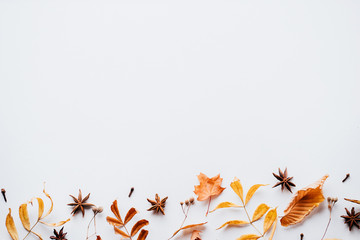 Autumn background, border made of dried yellow leaves and pine cones with copy space. Seasonal...