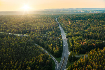 Bird view of highway in forest