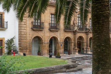 Fototapeta na wymiar Ancient spanish hotel with balconies, palm tree and lawn