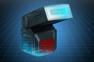 Visualization 3d cad model of photography electronic external flash, blueprint. 3D rendering