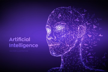 AI. Artificial intelligence concept. Low poly abstract digital human face. Human head in robot digital computer interpretation. Robotics concept. 3D polygonal head concept. Vector illustration.