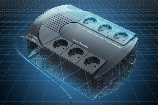 Visualization 3d cad model of uninterruptible power supply, blueprint. 3D rendering