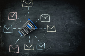 E-commerce, digital network. Email marketing and mail communication message concept: Shopping cart...