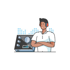young man with earphones and audio console