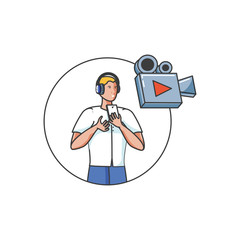 young man with earphones and video camera