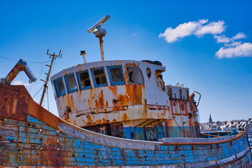 Old abandoned shipwreck in the old boat cemetery of Camaret-sur-Mer in Brittany, France
