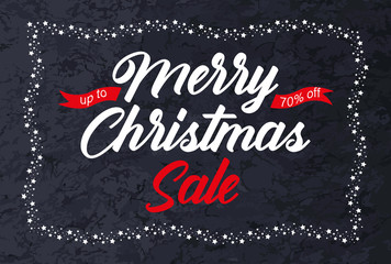 Christmas banner Sale on a dark background with a frame of stars. Template for greeting card, brochure, poster or banner. Vector illustration
