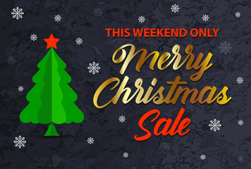 Christmas banner Sale on a dark background with a beautiful Christmas tree with a red star. Template for greeting card, brochure, poster or banner. Vector illustration