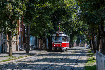 Fototapeta na wymiar Municipal tram of Krasnodar, Russia, August 23, 2019