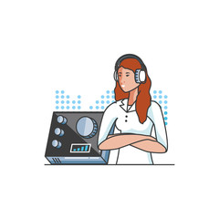 cute young woman with earphones and audio console