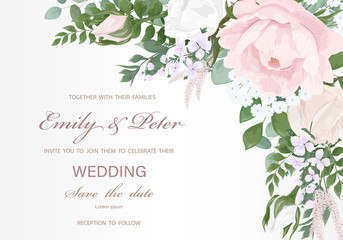 Wedding invitation with flowers Peony and leaves, watercolor, isolated on white. Vector Watercolour.