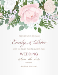 Fototapeta na wymiar Wedding invitation with flowers Peony and leaves, watercolor, isolated on white. Vector Watercolour.