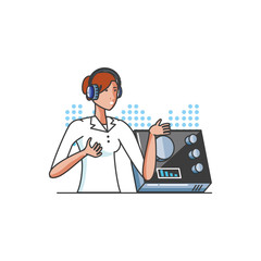 cute young woman with earphones and audio console