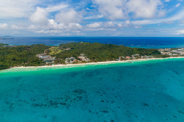    Aerial view from the drone on the beautiful tropical landscape of Boracay island, Phillipines. Summer vacation concept.
