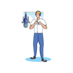 young man with earphones and microphone
